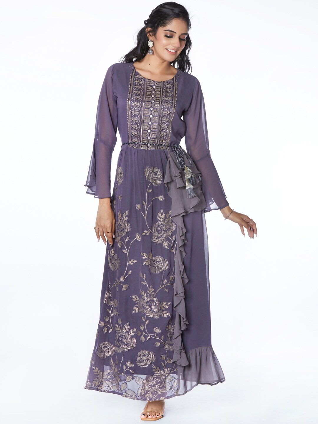 

taruni Women Purple Floral Embellished Thread Work Summer Sheers Georgette Kurta