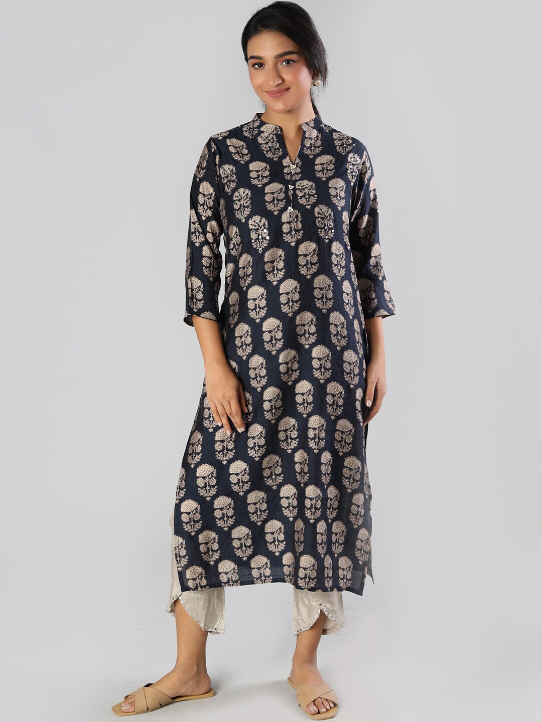 

taruni Women Navy Blue Ethnic Motifs Printed Panelled Mirror Work Kurta with Trousers & With Dupatta
