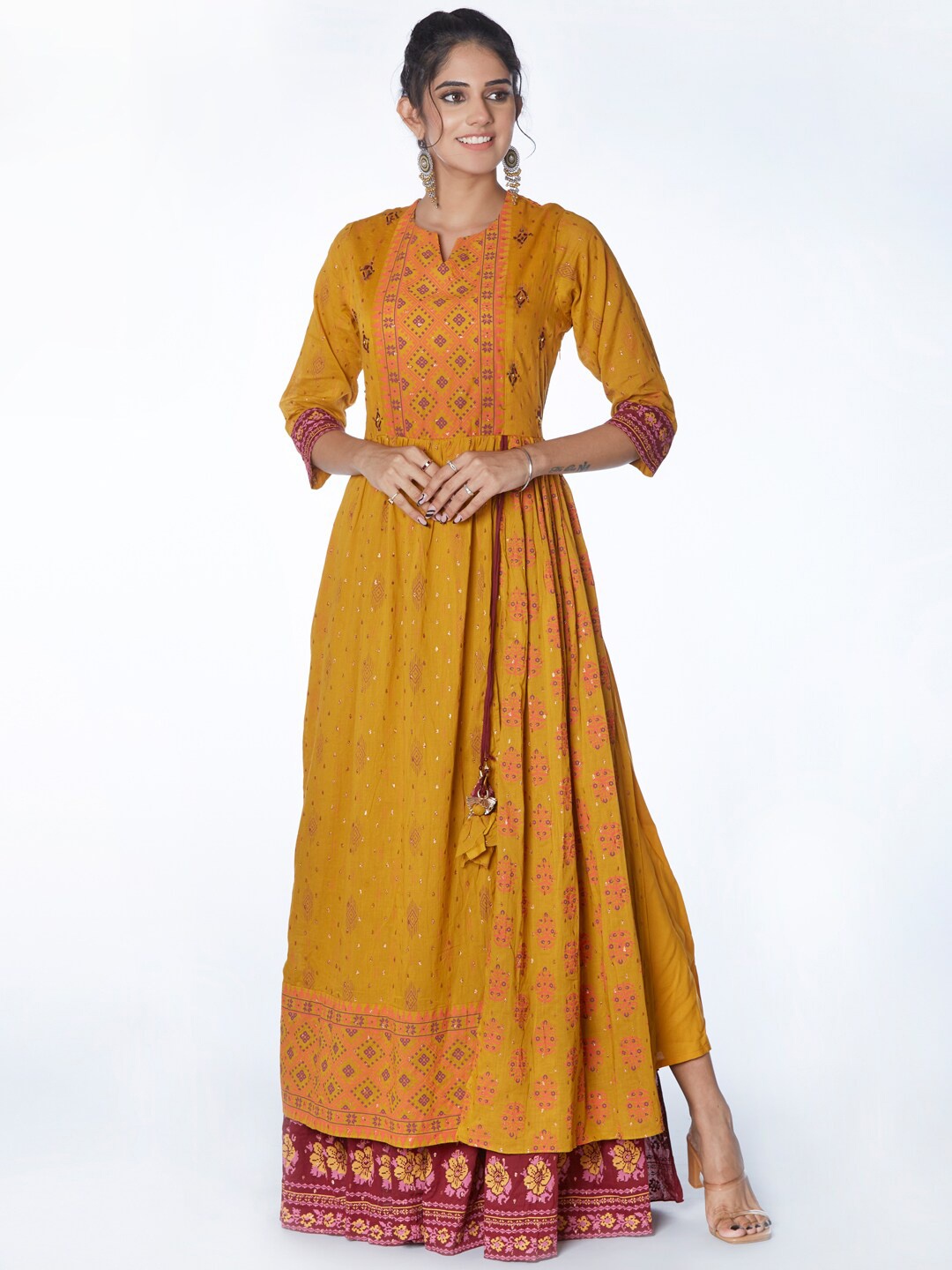 

Taruni Women Mustard Yellow & Red Ethnic Motifs Printed Floral Anarkali Kurta