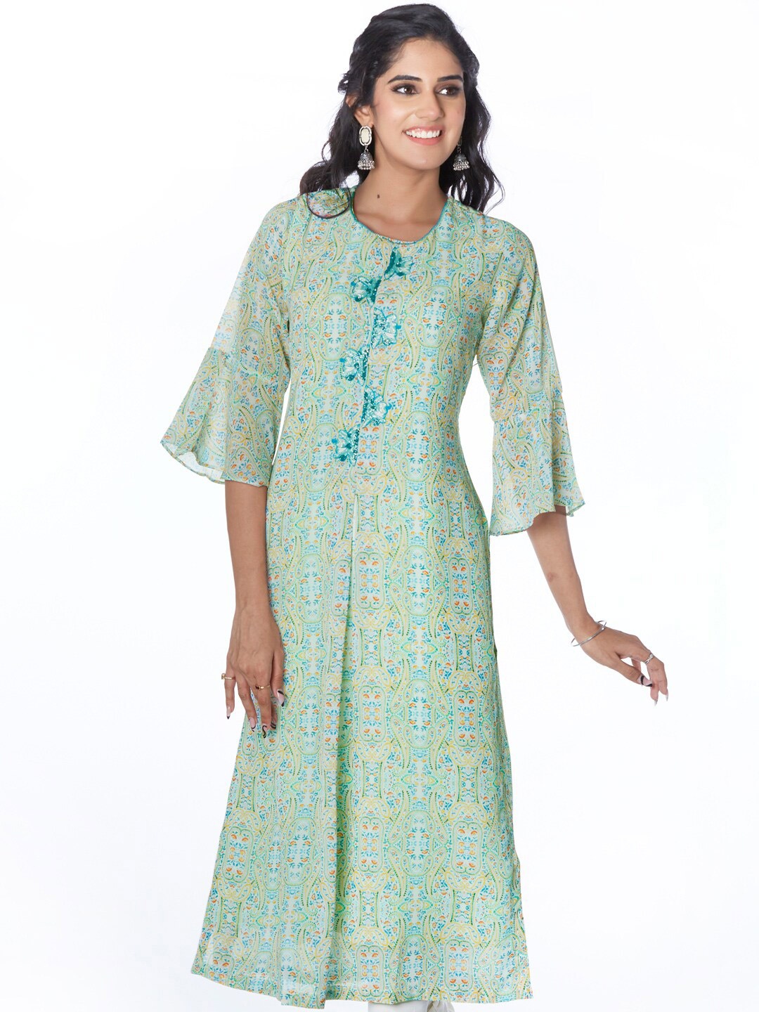 

taruni Women Green & Yellow Ethnic Motifs Printed Bell Sleeves Georgette Kurta