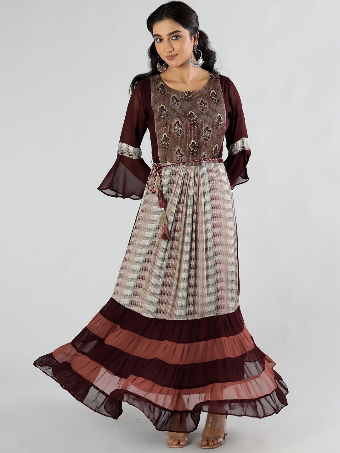 

taruni Women Maroon Ethnic Motifs Printed Bell Sleeves Georgette Kurta