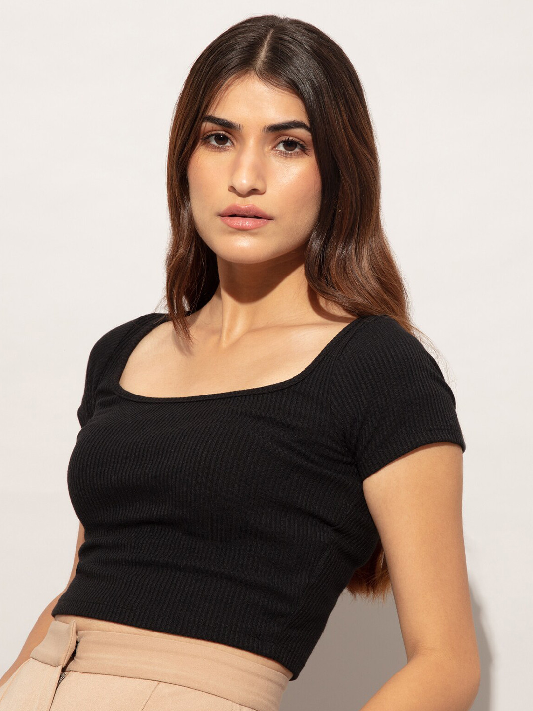 

20Dresses Women Black Ribbed Casual Crop Tshirt