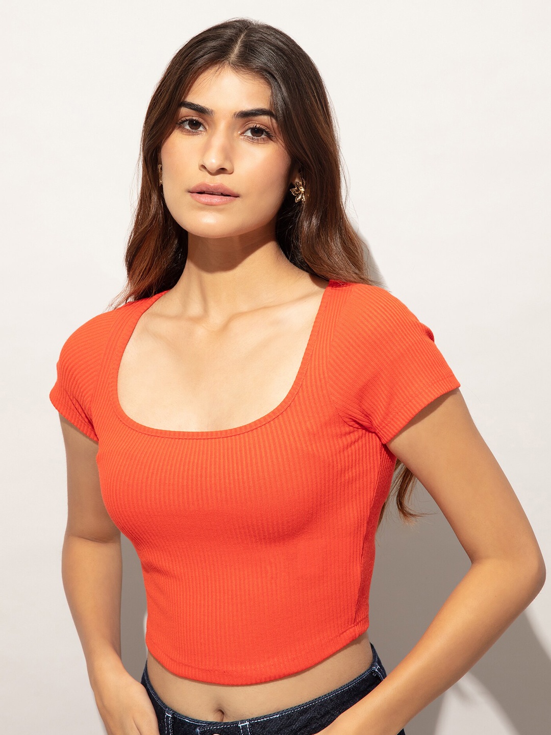 

20Dresses Women Coral Ribbed Casual Crop T-shirt