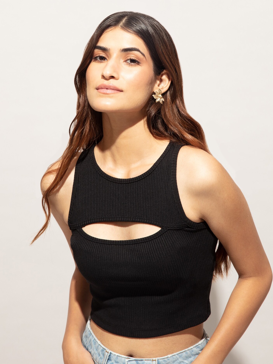 

20Dresses Women Black Ribbed Cutout Crop T-shirt