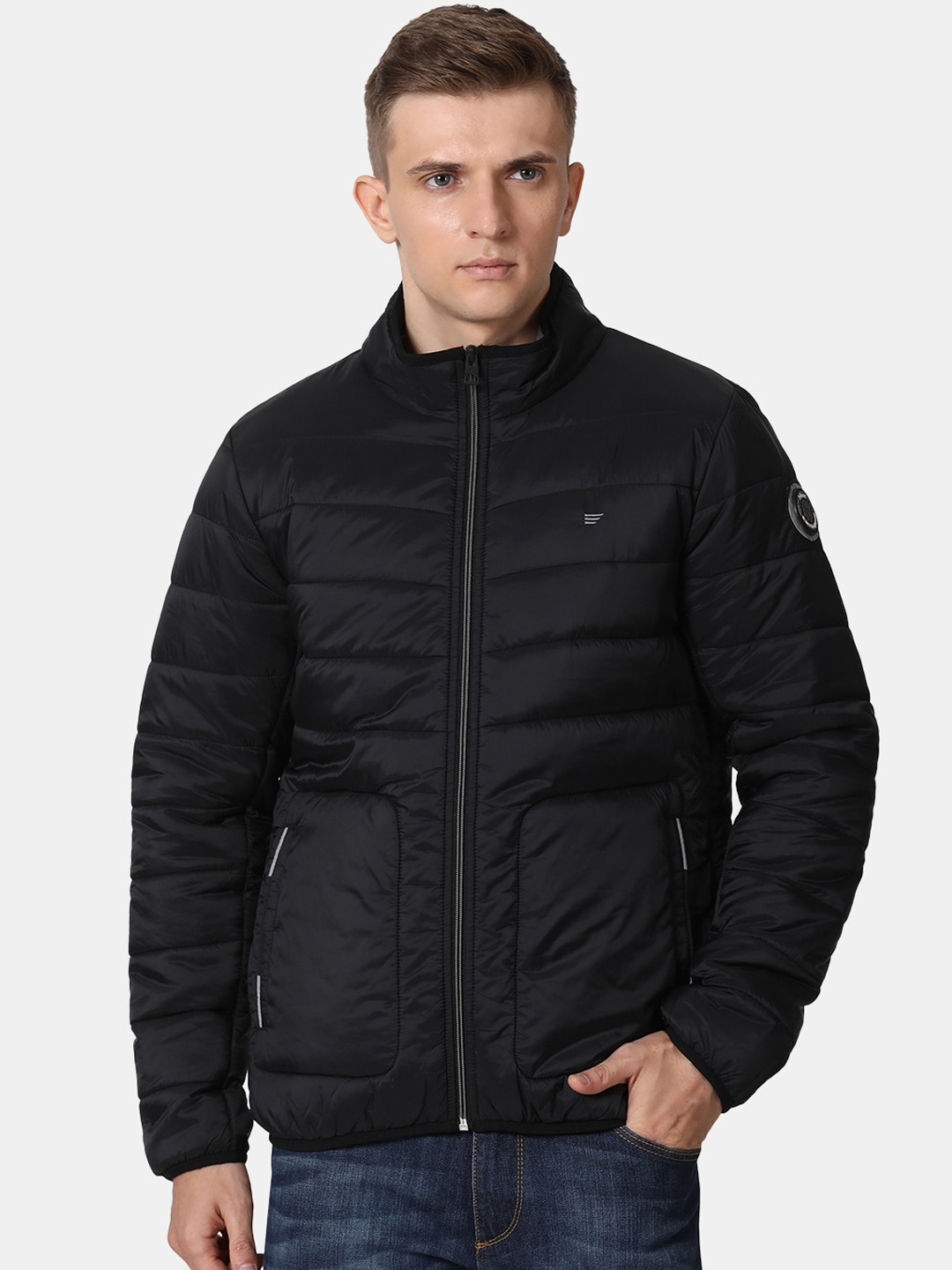 

t-base Men Black Windcheater Puffer Jacket with Patchwork