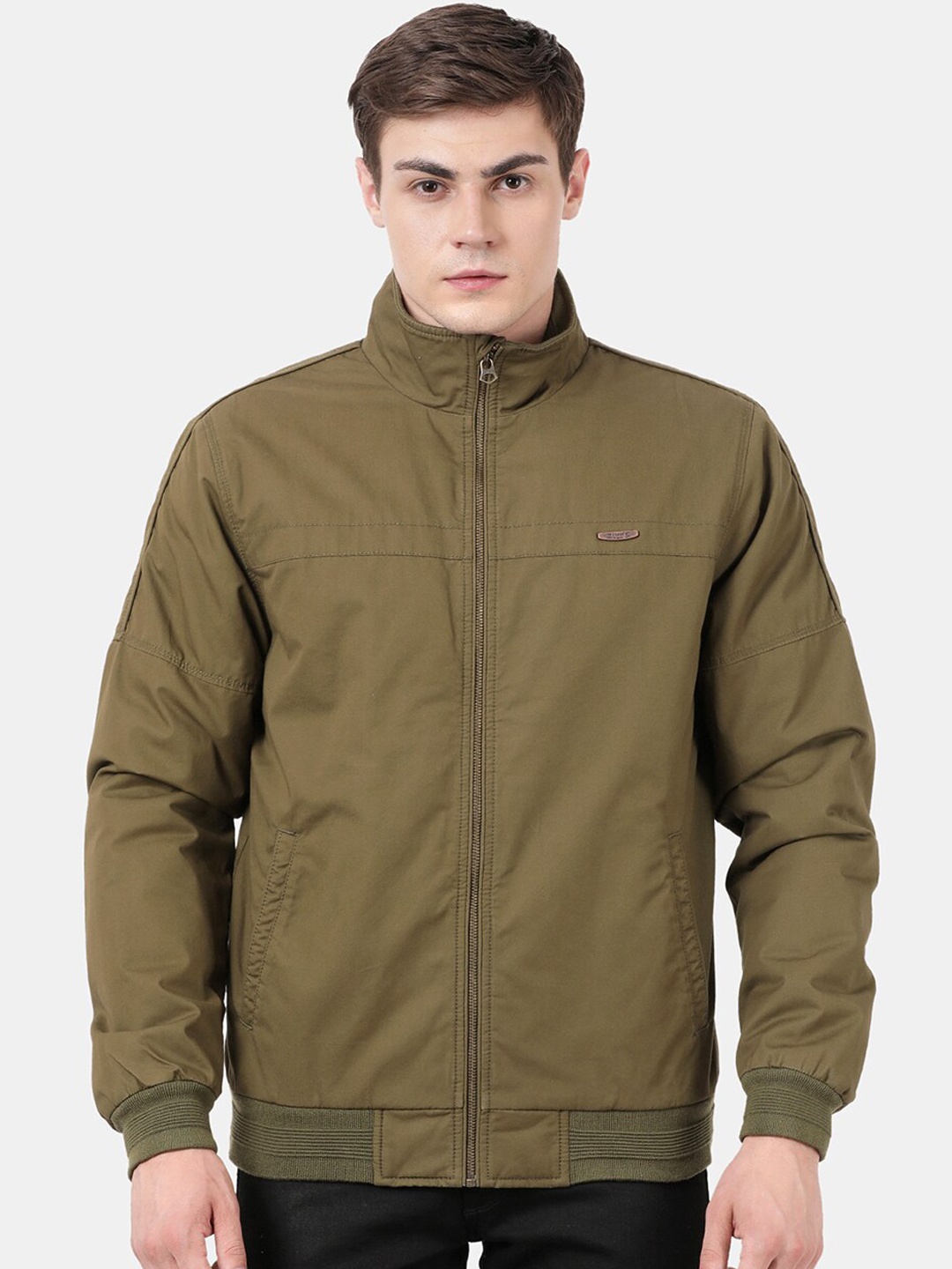 

t-base Men Olive Green Geometric Windcheater Bomber Jacket