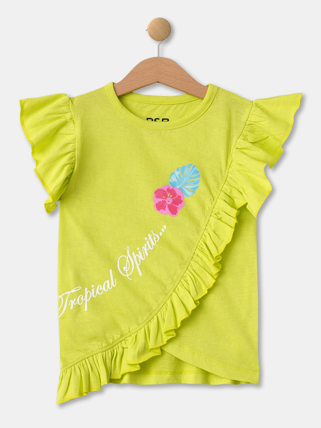 

R&B Girls Flutter Sleeves Ruffle Detail Pure Cotton Top, Yellow