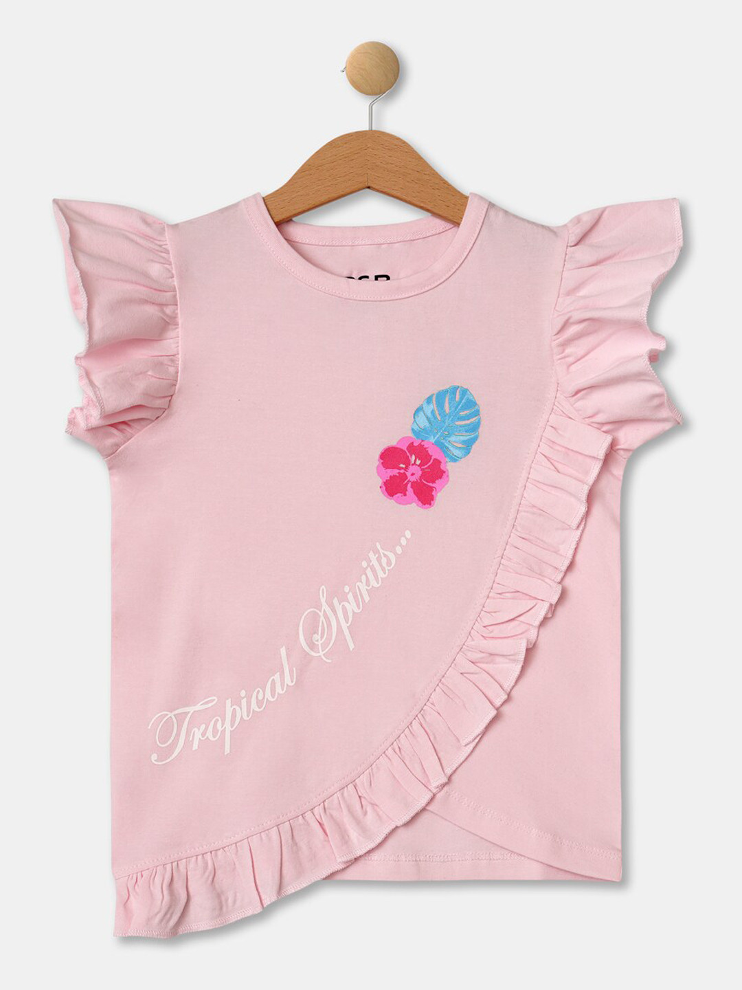 

R&B Girls Flutter Sleeves Ruffle Detail Pure Cotton Top, Pink