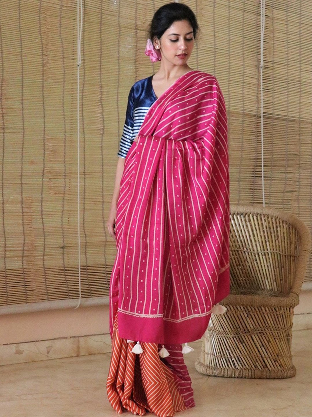 

Chidiyaa Block Printed Modal Silk Saree, Pink