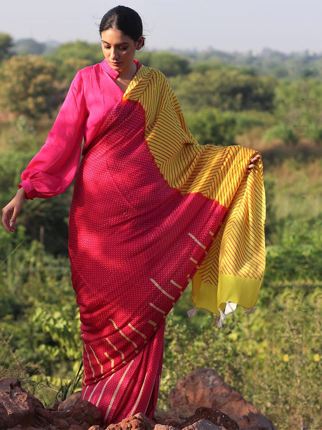 

Chidiyaa Yellow & Red Striped Pure Silk Saree