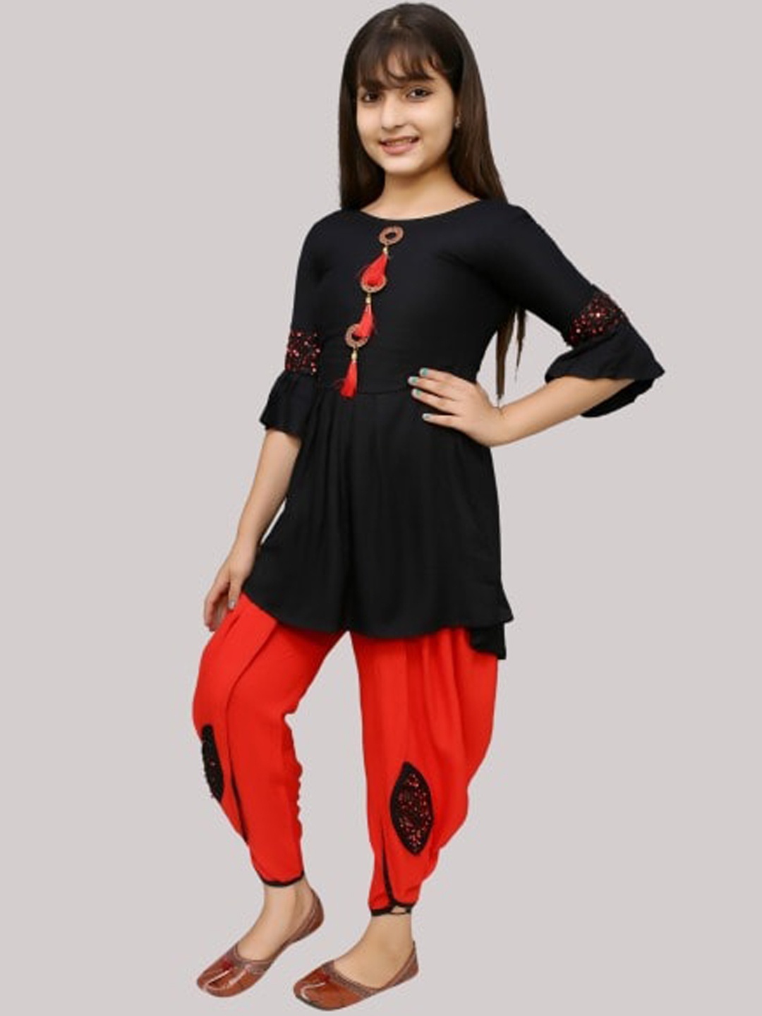 

Elendra jeans Girls Red Pleated Kurti with Dhoti Pants