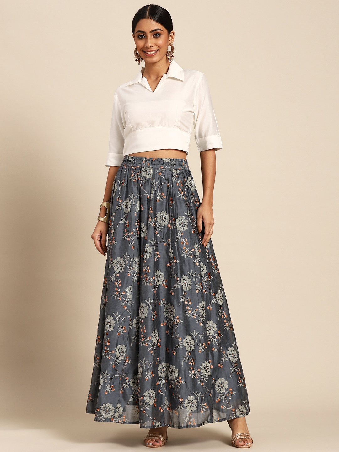 

Sangria Grey & White Ready to Wear Lehenga & Shirt Blouse