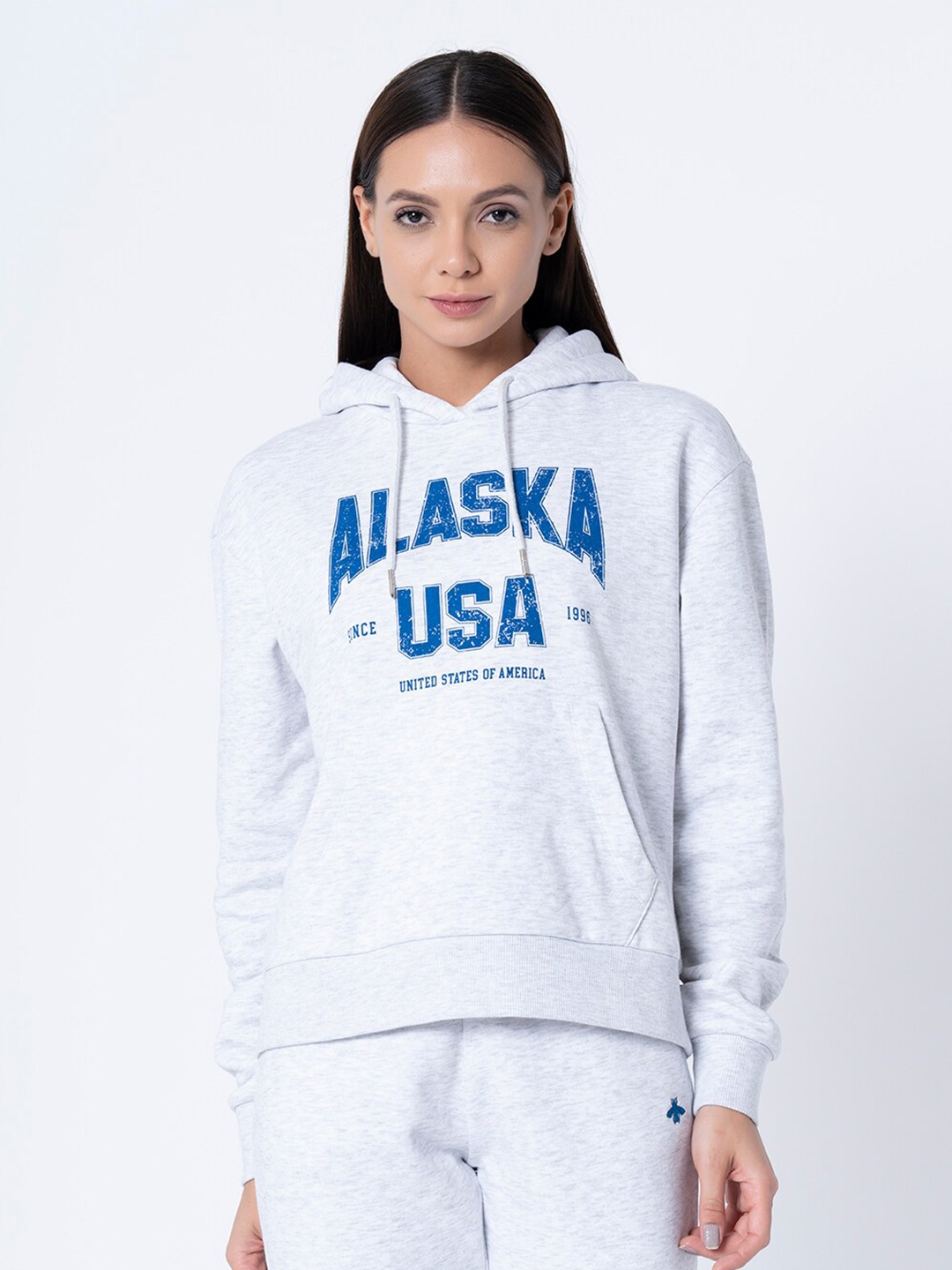 

Mode by Red Tape Women Grey Printed Hooded Sweatshirt