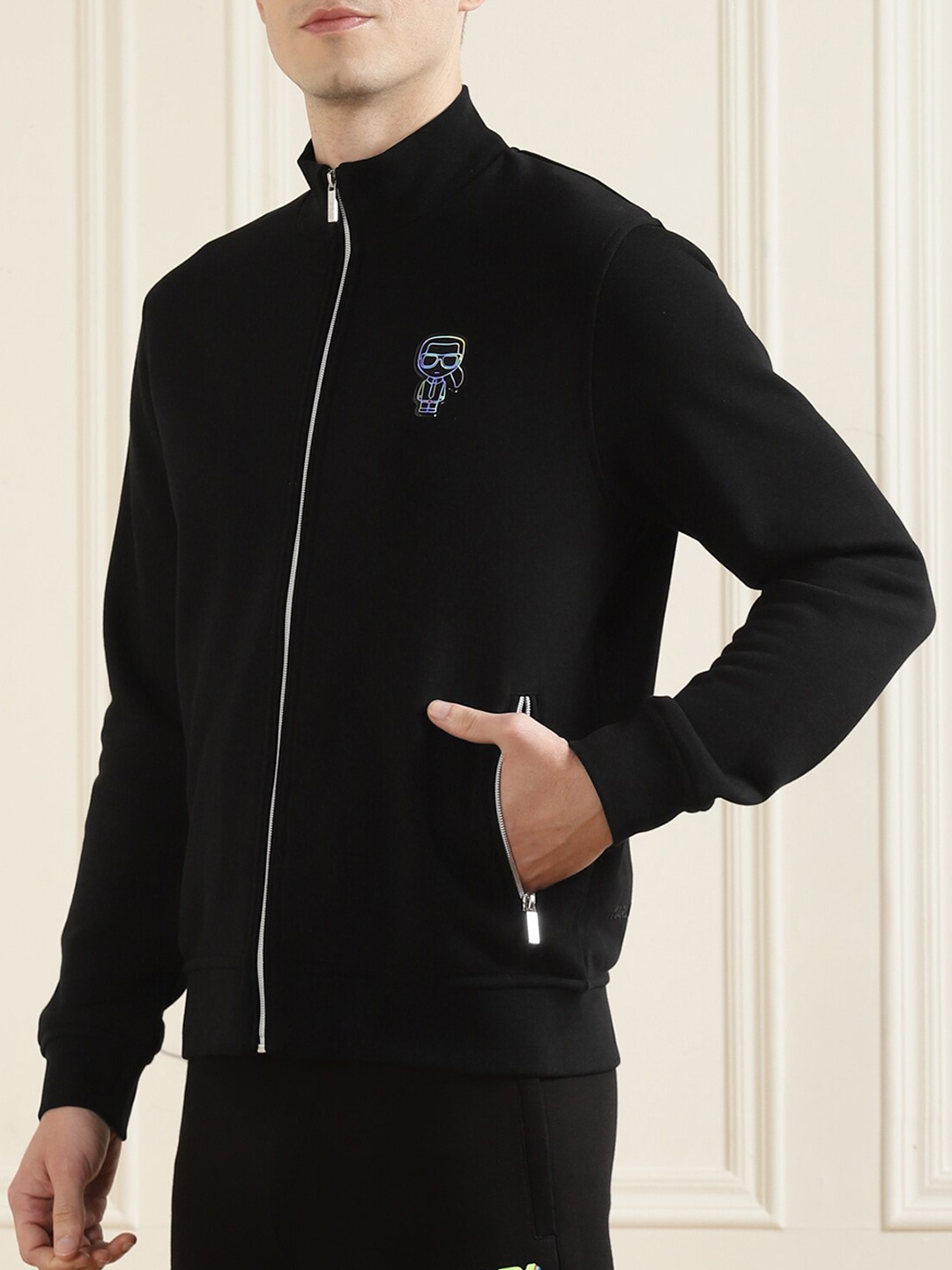 

Karl Lagerfeld Men Black Lightweight Longline Bomber with Patchwork Jacket
