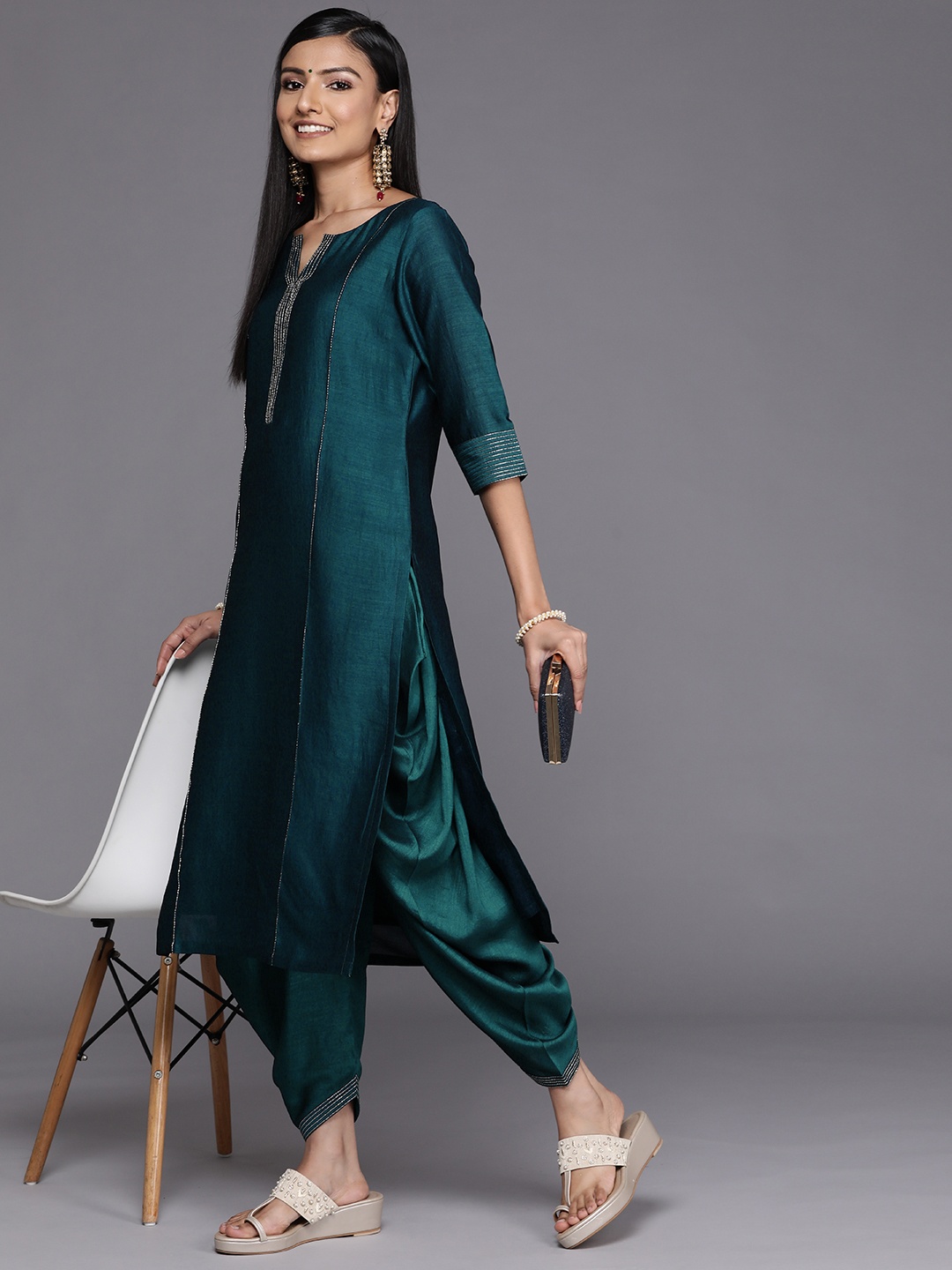 

Libas Women Green Solid Silk Blend Dhoti Pants