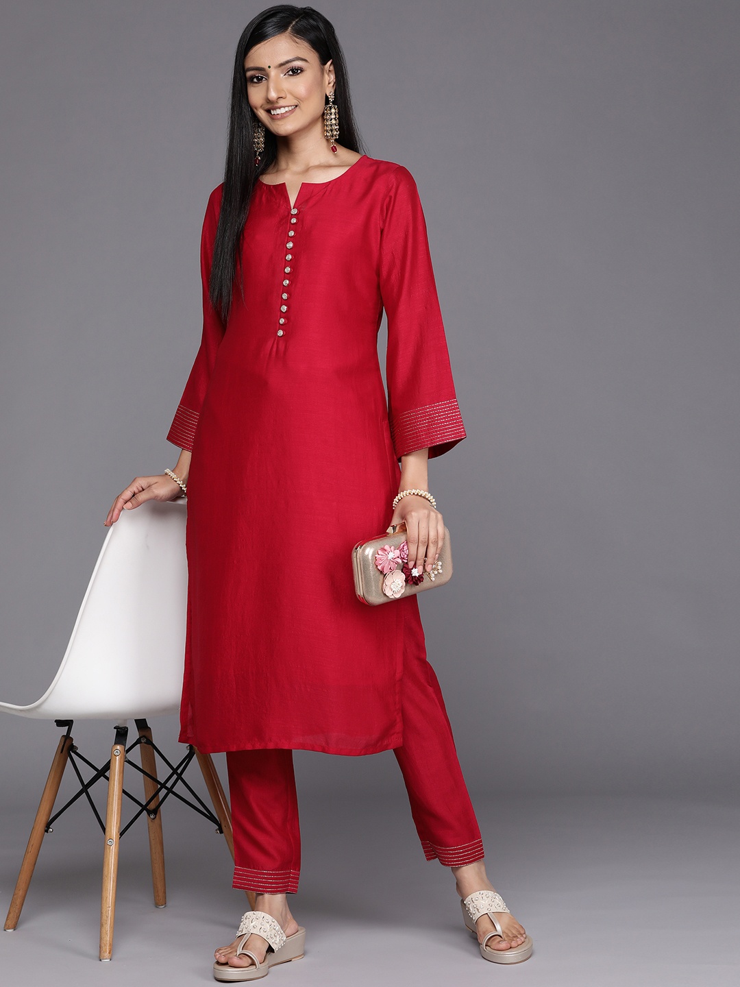 

Libas Women Red Solid Silk Blend Kurta