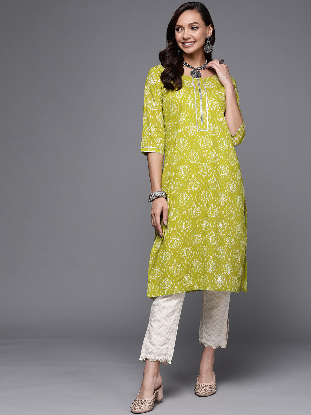 

Libas Women Green Bandhani Printed Gotta Patti Kurta