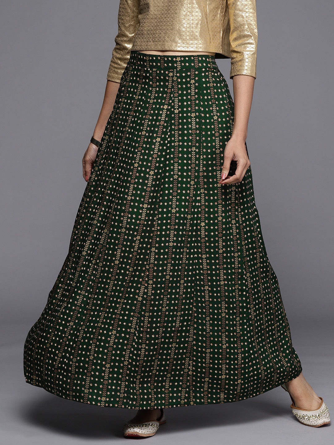 

Libas Green & Off White Bandhani Print Flared Maxi Skirt
