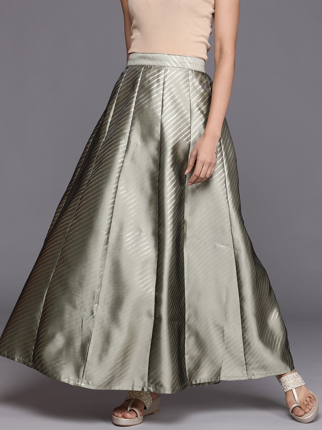 

Libas Women Green & Golden Striped Silk Blend Satin Flared Skirt