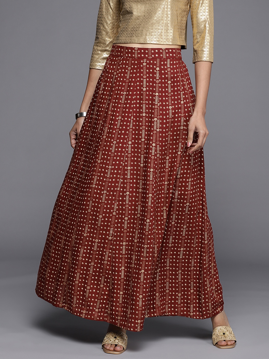 

Libas Maroon & Off White Bandhani Print Flared Maxi Skirt