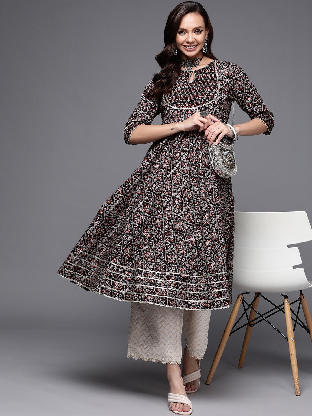 Libas Women Black Ethnic Motifs Printed Keyhole Neck Gotta Patti Anarkali Kurta