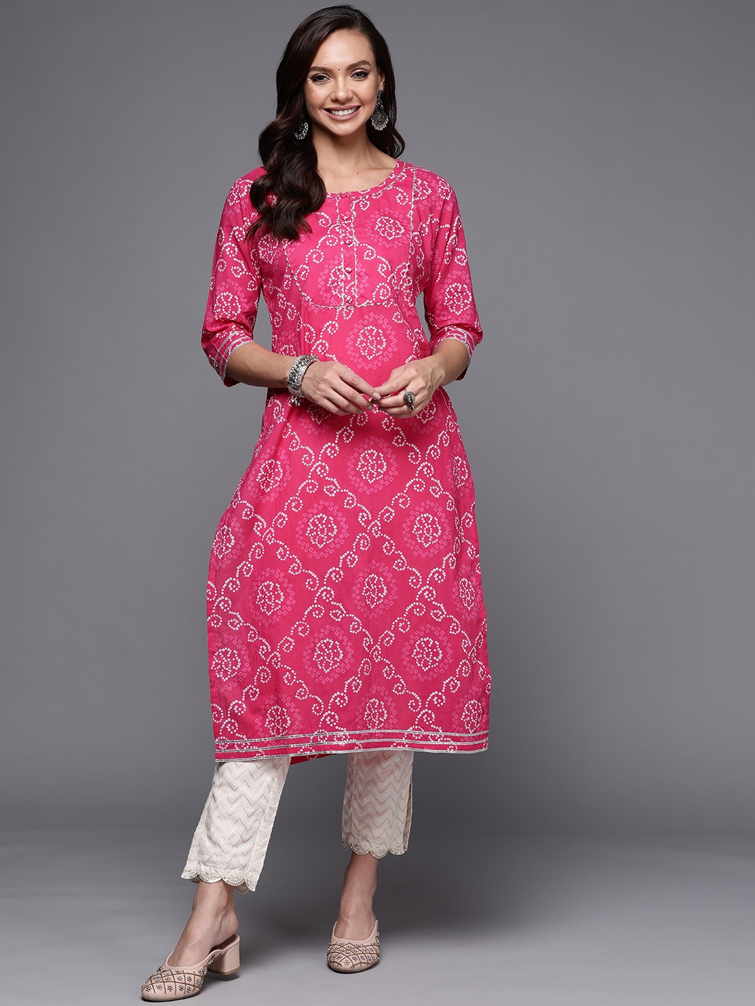 

Libas Women Pink Bandhani Yoke Design Gotta Patti Kurta
