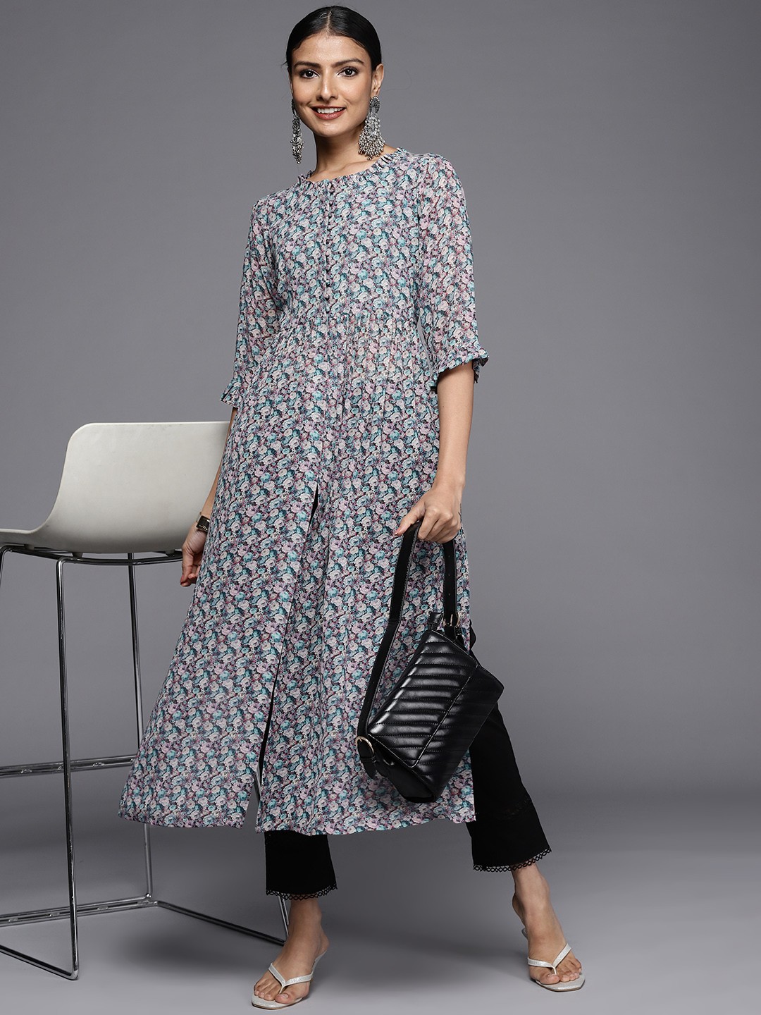 

Libas Women Blue & Pink Floral Printed Floral Georgette A-Line Kurta