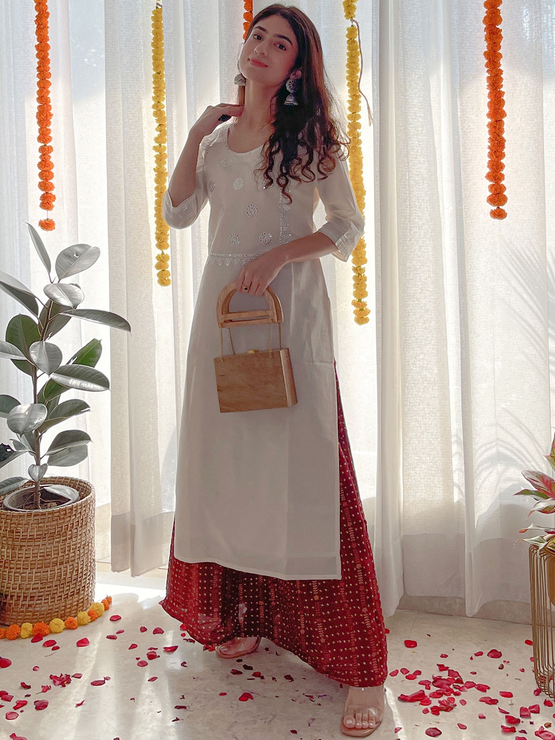 Libas Women Off White Floral Yoke Design Mirror Work Kurta