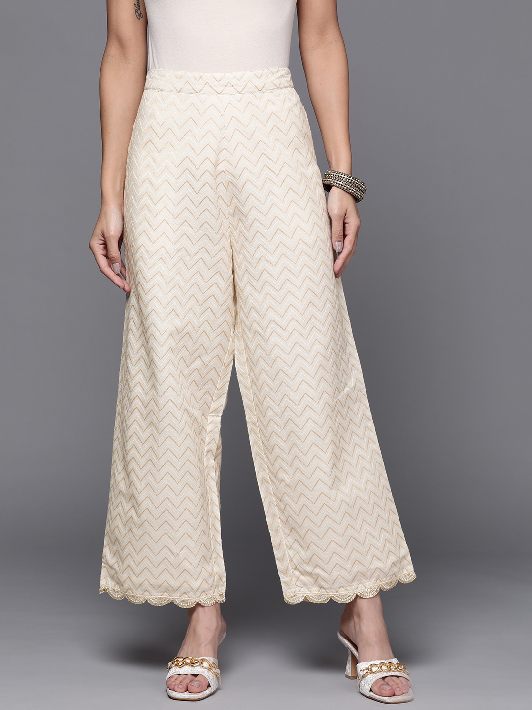 

Libas Women Cream-Coloured Printed Chevron Palazzos