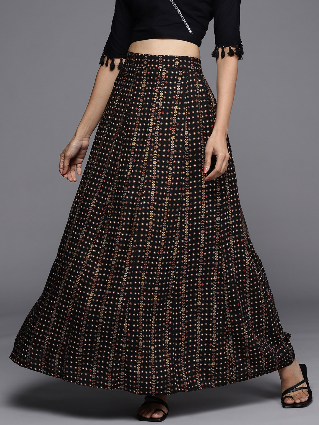 

Libas Black & Off White Bandhani Print Flared Maxi Skirt