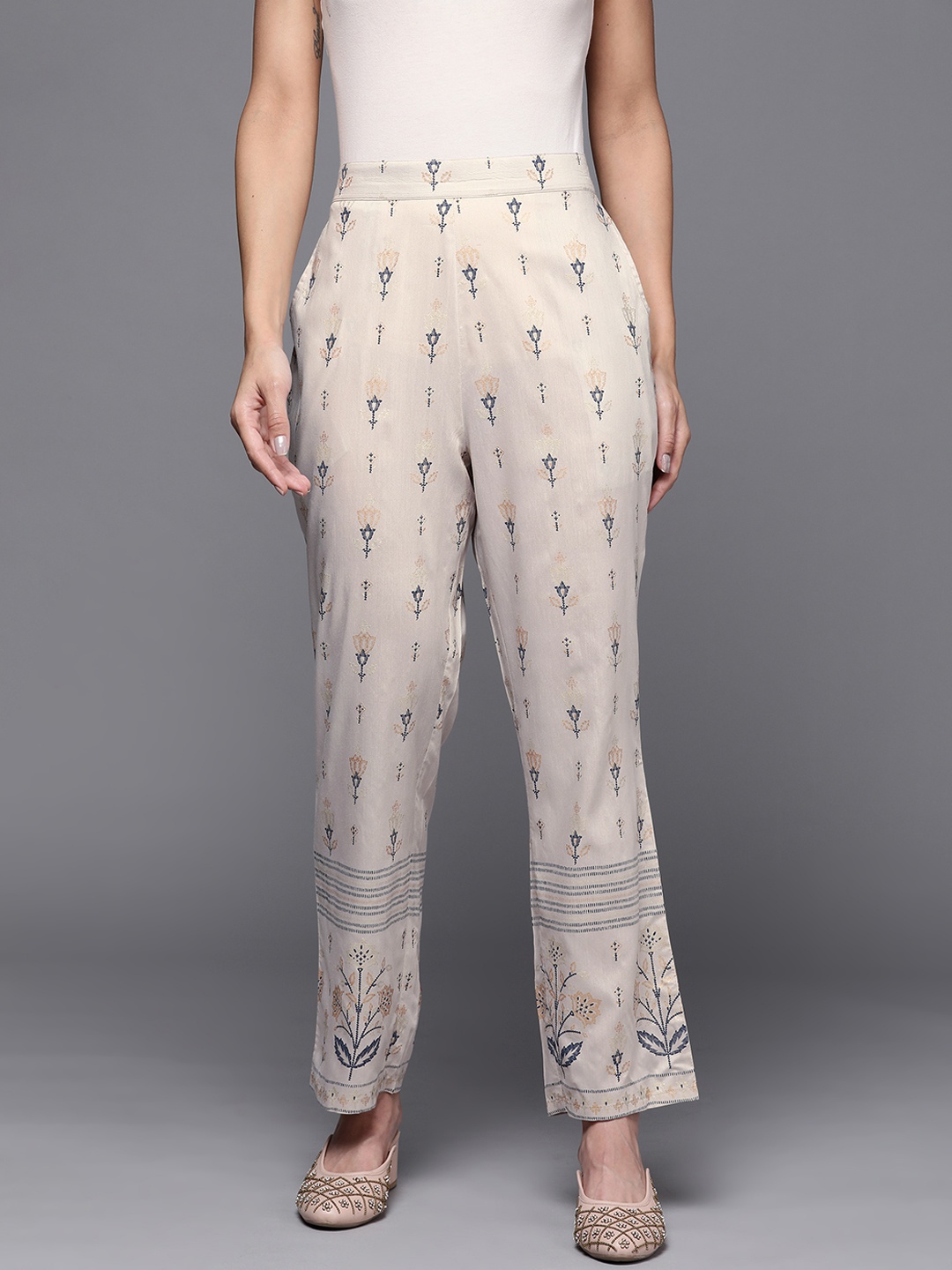 Libas Women Beige Floral Printed Trousers