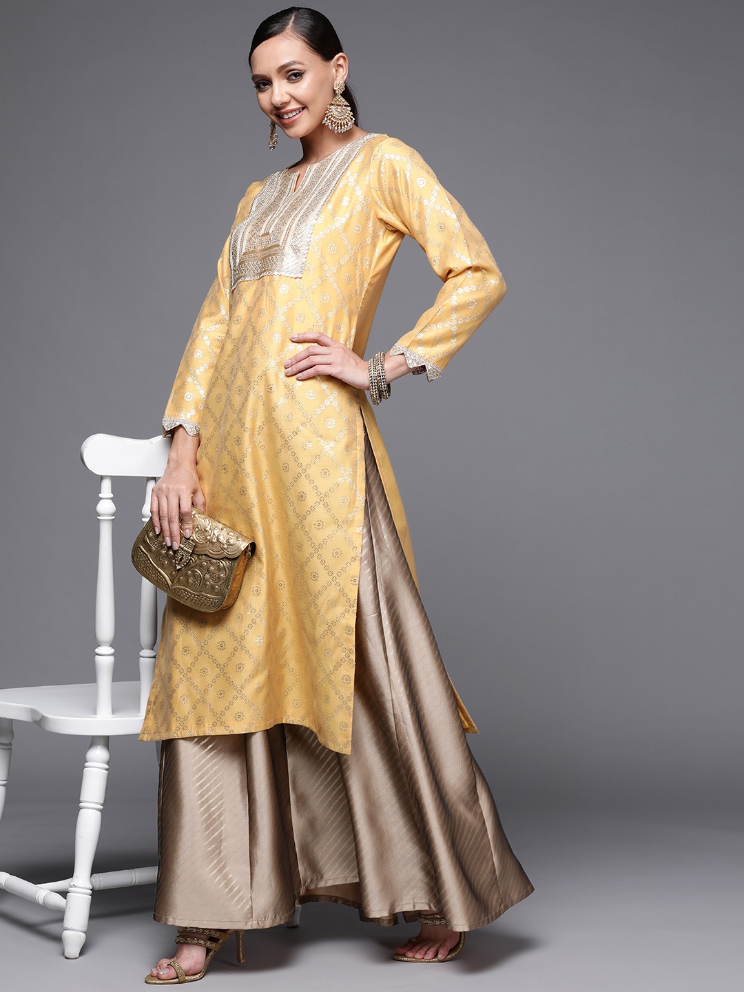 

Libas Women Brown & Golden Self Striped Pleated Maxi Skirt