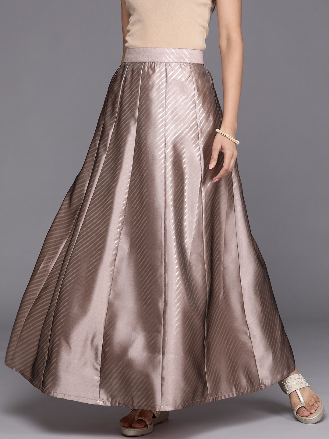 

Libas Women Mauve & Golden Striped Silk Blend Satin Flared Skirt