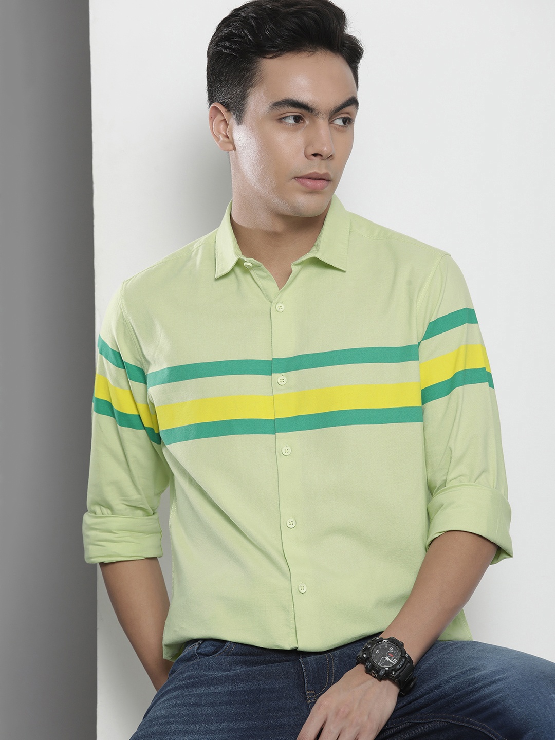 

The Indian Garage Co Men Green Horizontal Striped Cotton Casual Shirt