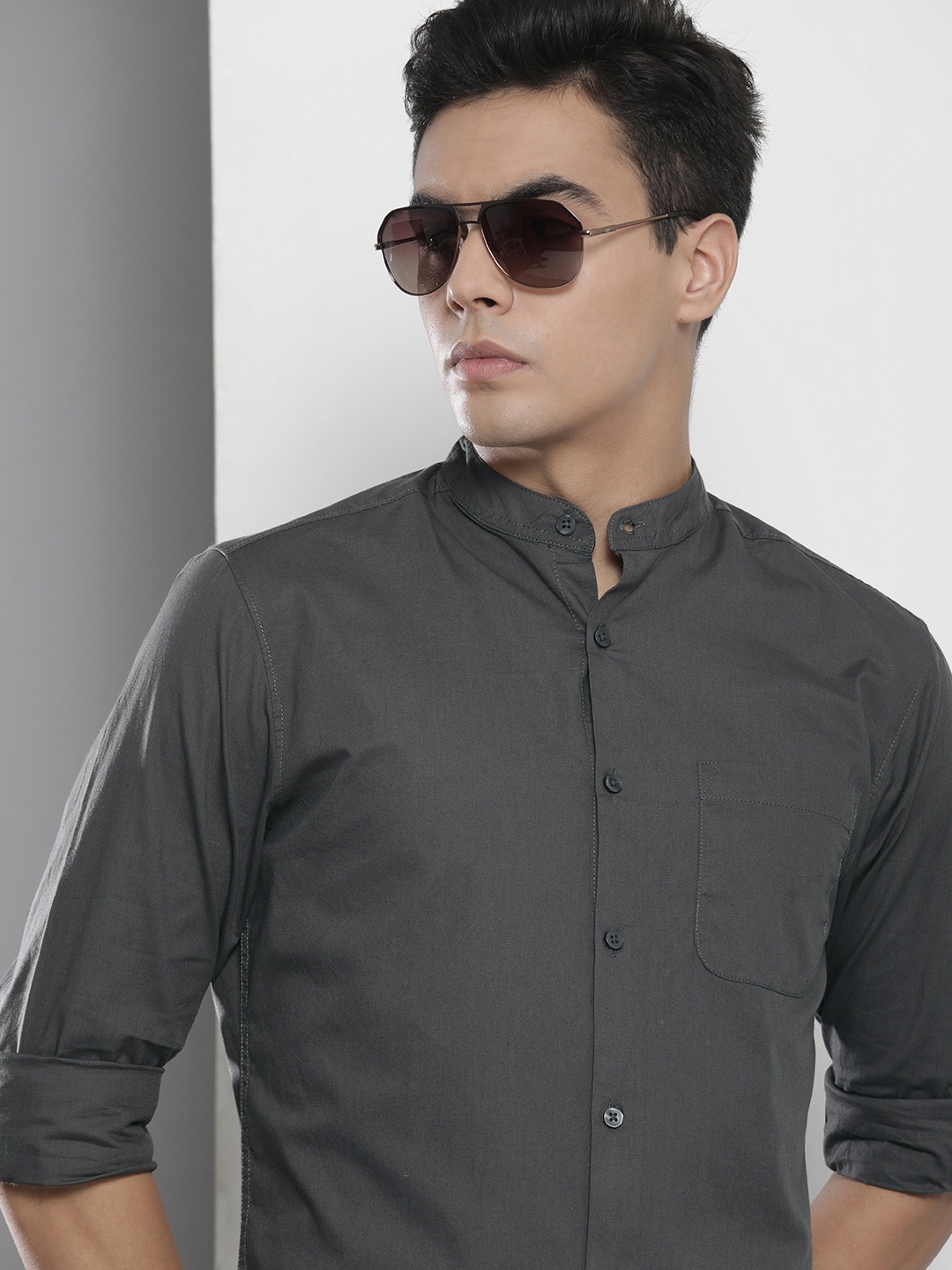 

The Indian Garage Co Men Grey Mandarin Collar Casual Shirt