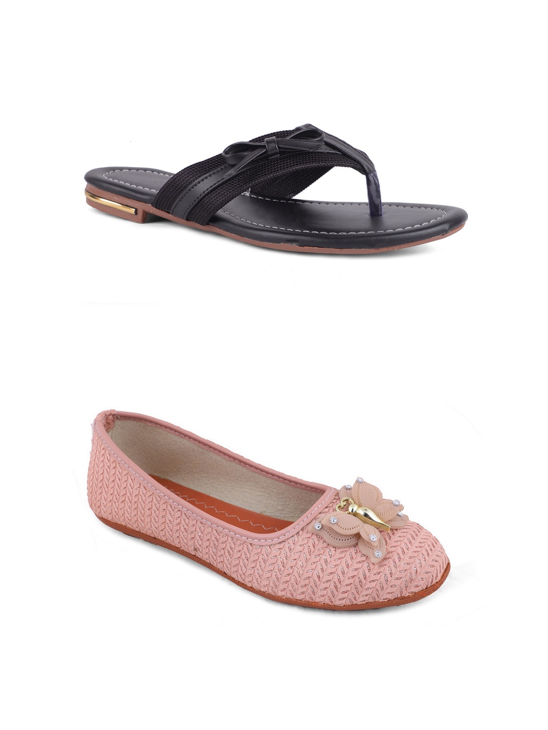 

FABBMATE Women Pack Of 2 Pink & Black Bows Flats