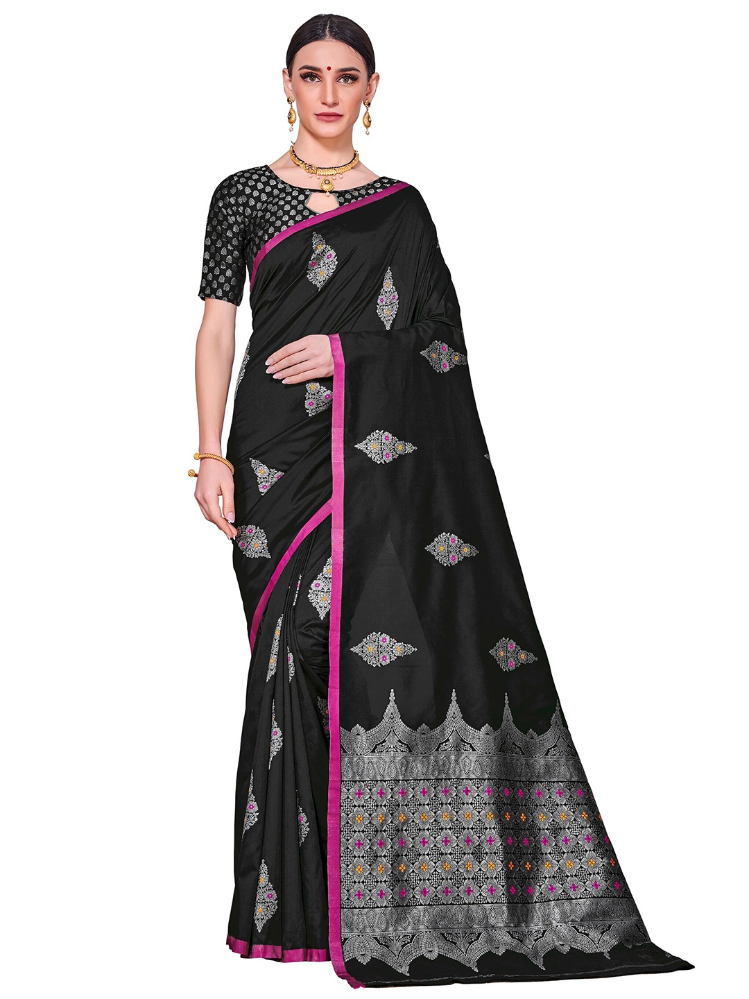 

SARIYA Black & Silver-Toned Floral Zari Silk Blend Banarasi Saree