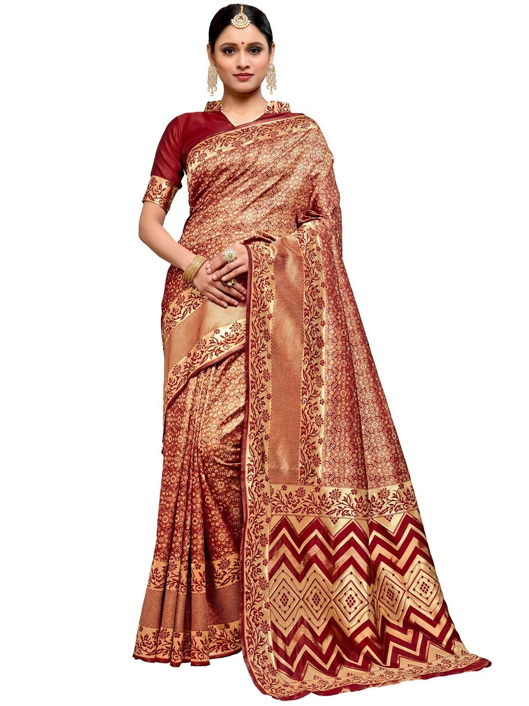 

SARIYA Maroon & Gold-Toned Floral Zari Silk Blend Banarasi Saree