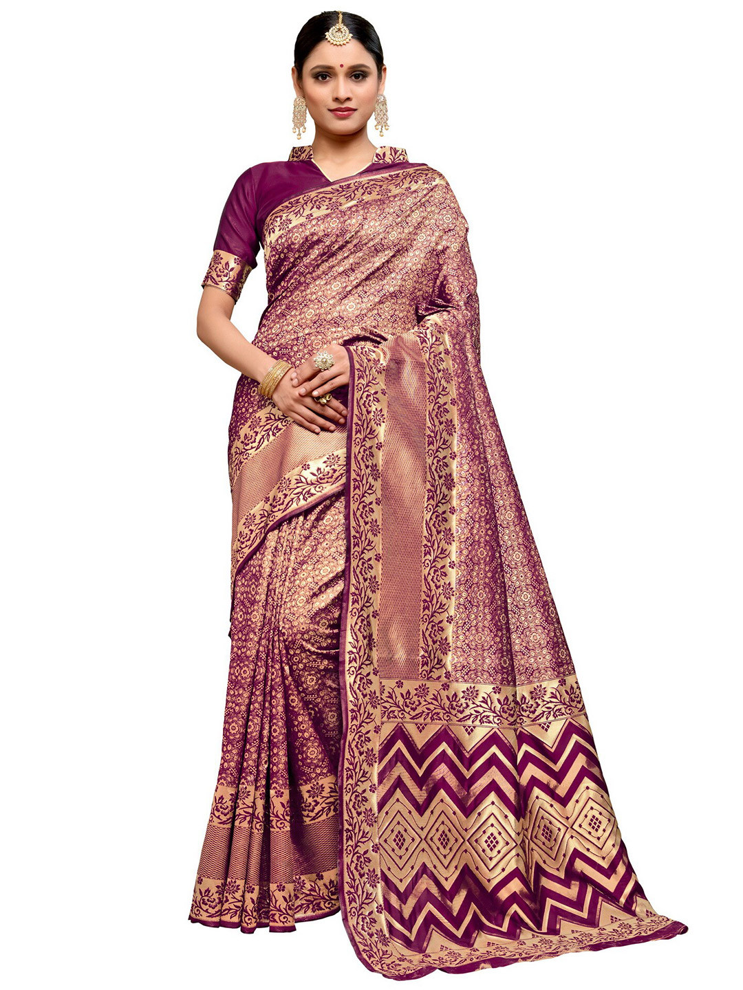 

SARIYA Purple & Gold-Toned Floral Zari Silk Blend Banarasi Saree