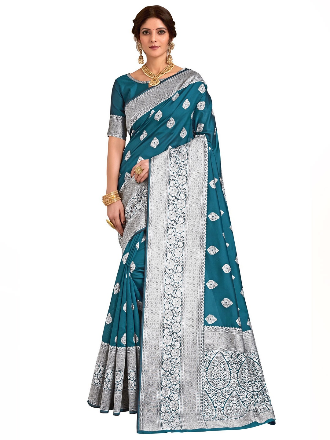 

SARIYA Turquoise Blue & Silver-Toned Floral Zari Silk Blend Banarasi Saree