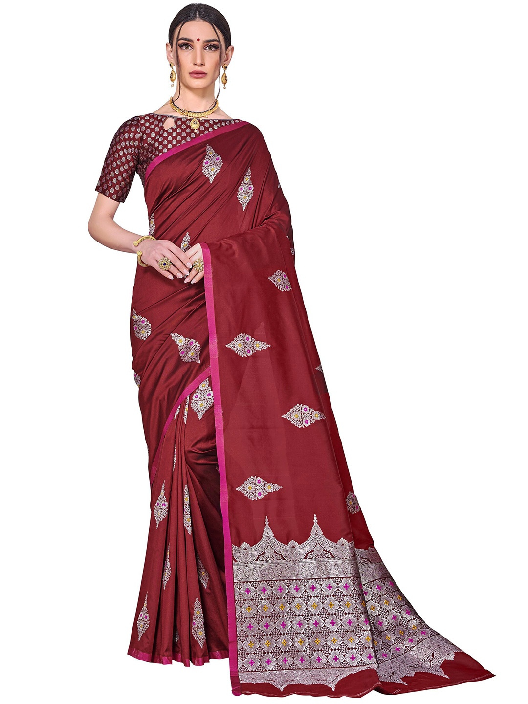 

SARIYA Maroon & Silver-Toned Ethnic Motifs Zari Silk Blend Banarasi Saree