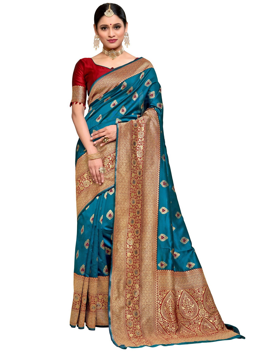 

SARIYA Turquoise Blue & Red Floral Zari Silk Blend Banarasi Saree
