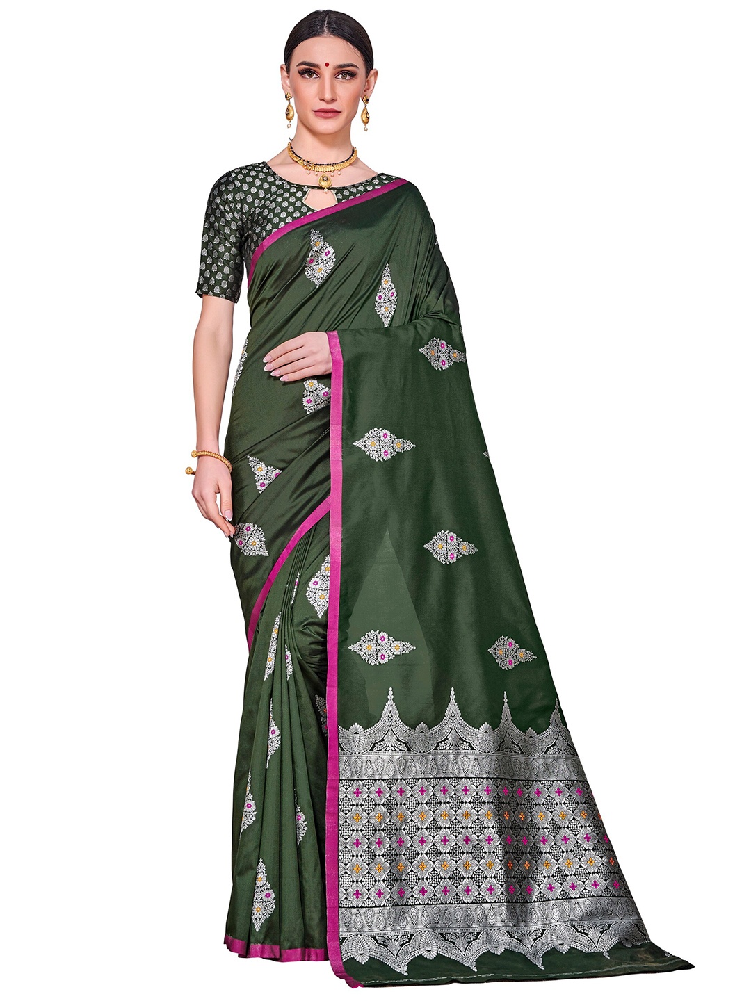 

SARIYA Green & Pink Floral Zari Silk Blend Banarasi Saree