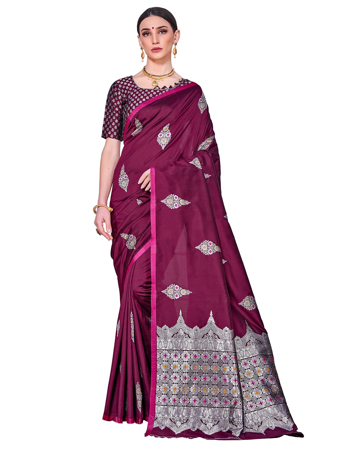 

SARIYA Purple & Silver-Toned Floral Zari Silk Blend Banarasi Saree