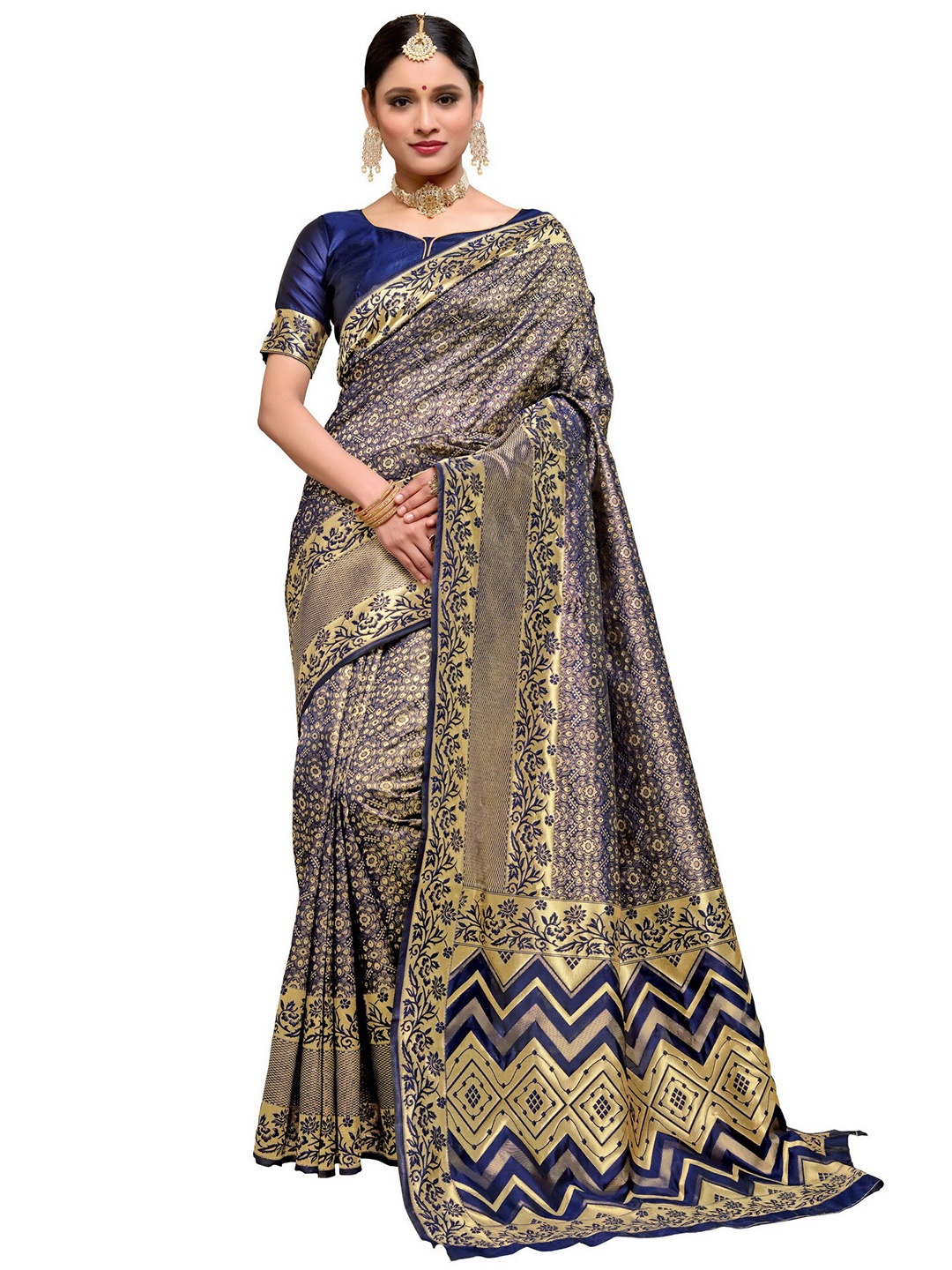 

SARIYA Navy Blue & Gold-Toned Floral Zari Silk Blend Banarasi Saree