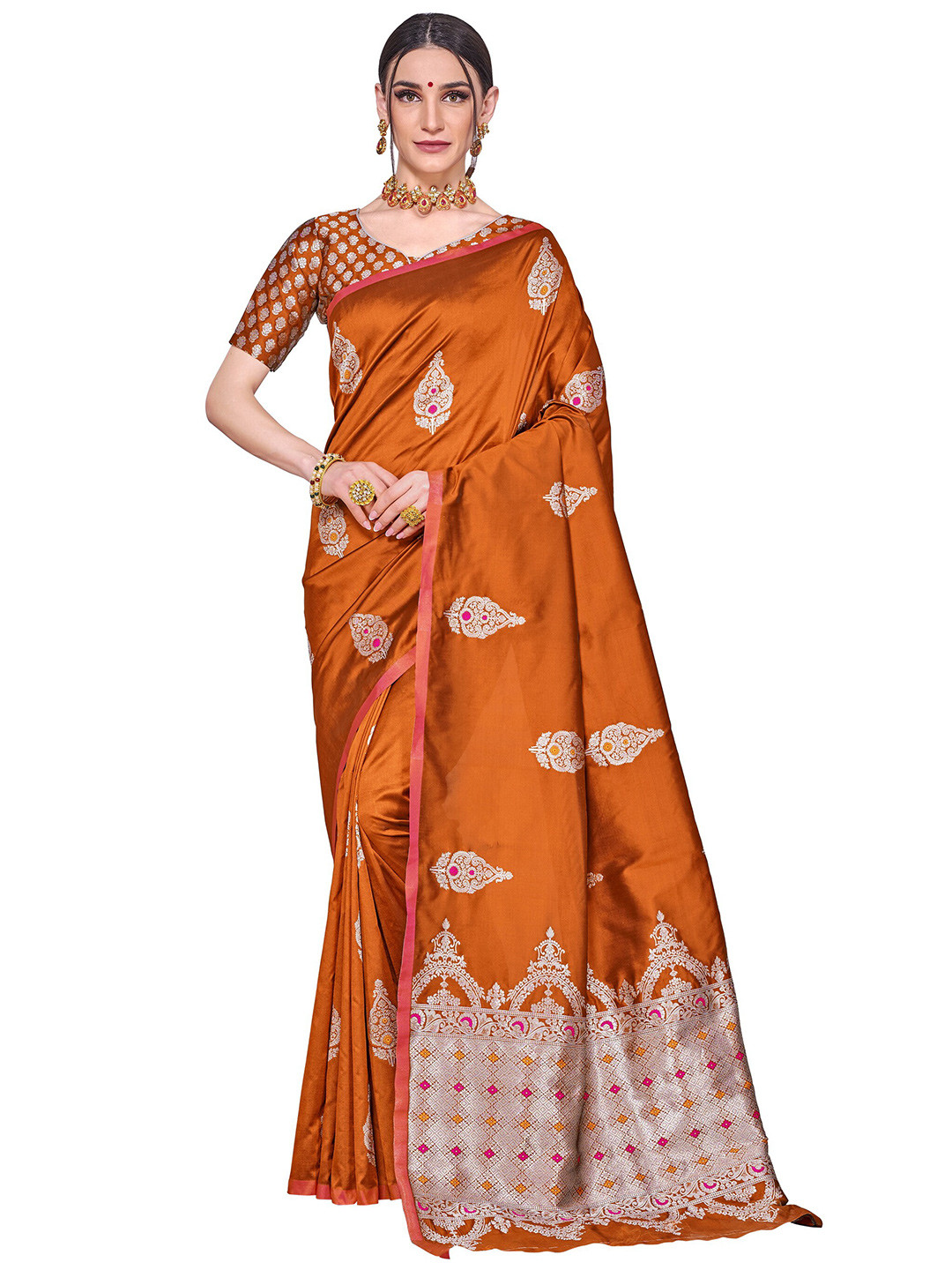 

SARIYA Orange & Silver-Toned Floral Zari Silk Blend Banarasi Saree
