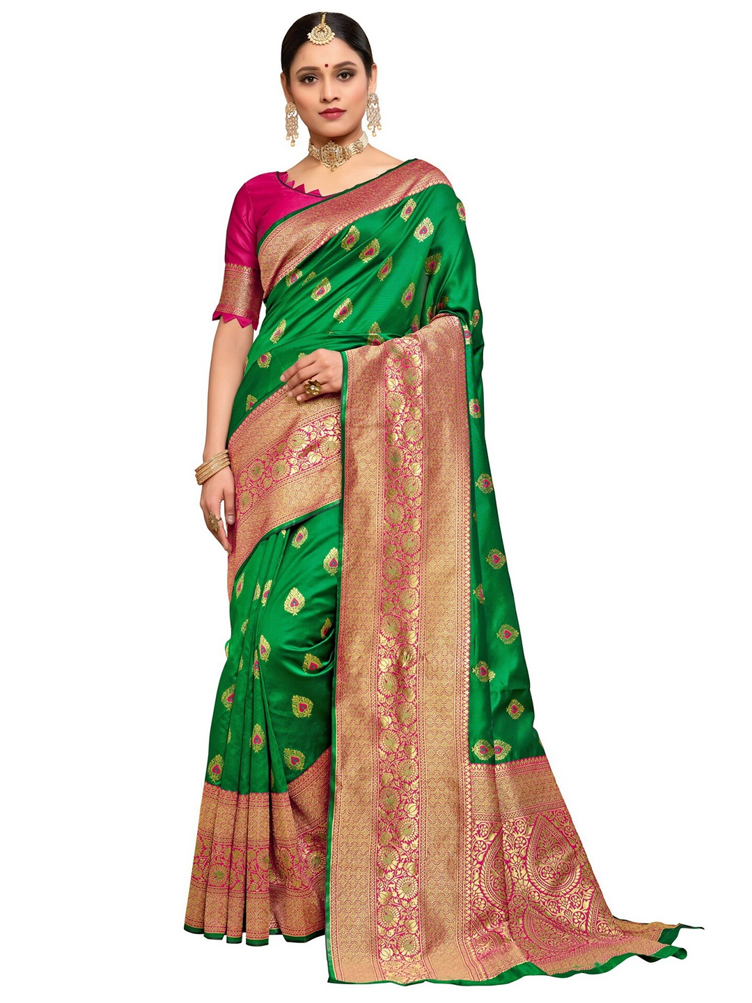 

SARIYA Green & Pink Floral Zari Silk Blend Banarasi Saree