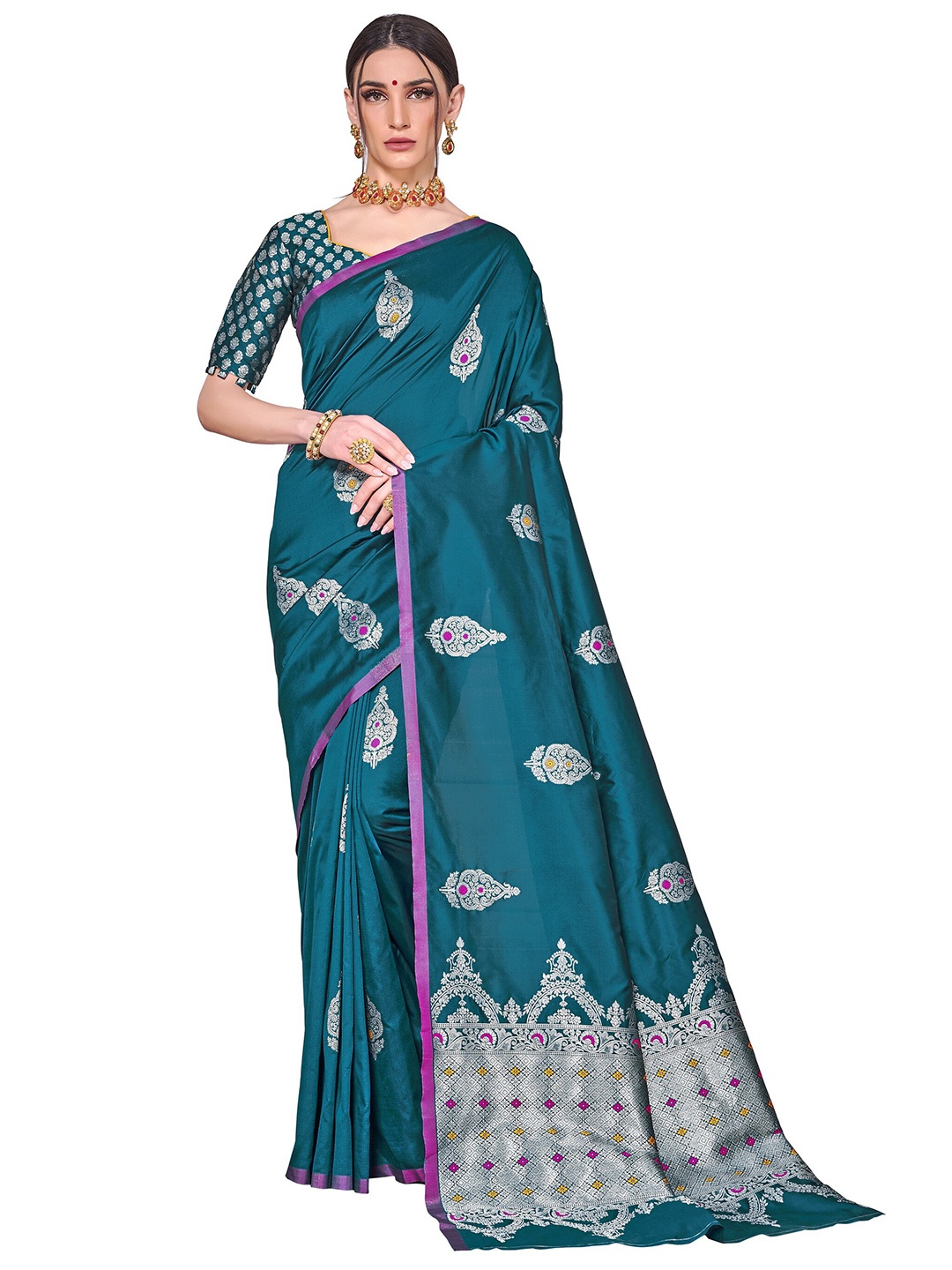 

SARIYA Turquoise Blue & Silver-Toned Floral Zari Silk Blend Banarasi Saree