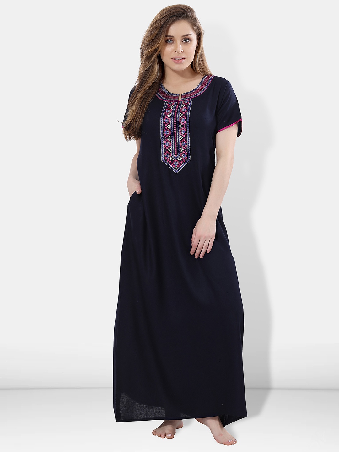 

Be You Navy Blue Embroidered Maxi Nightdress
