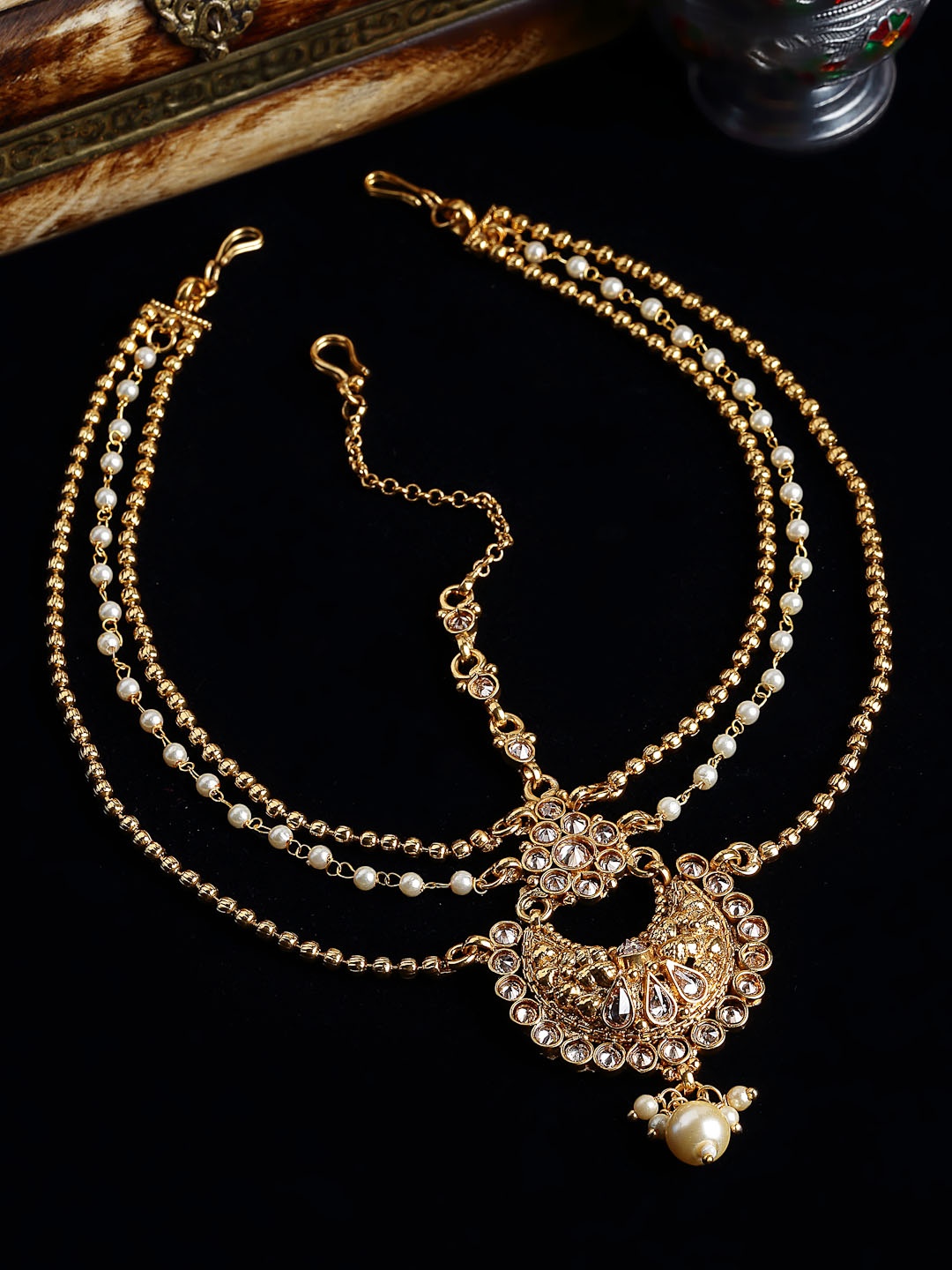 

PANASH Gold-Plated White Stones-Studded & Beaded Headchain Head Jewellery